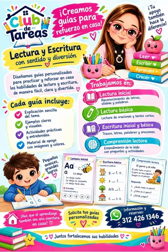 Afiche de las guías de lectura y escritura con fichas de lectura inicial, escritura básica y comprensión lectora.