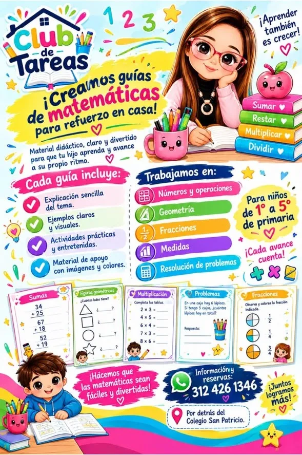 Afiche de las guías de matemáticas con fichas de sumas, figuras geométricas, multiplicación, problemas y fracciones.